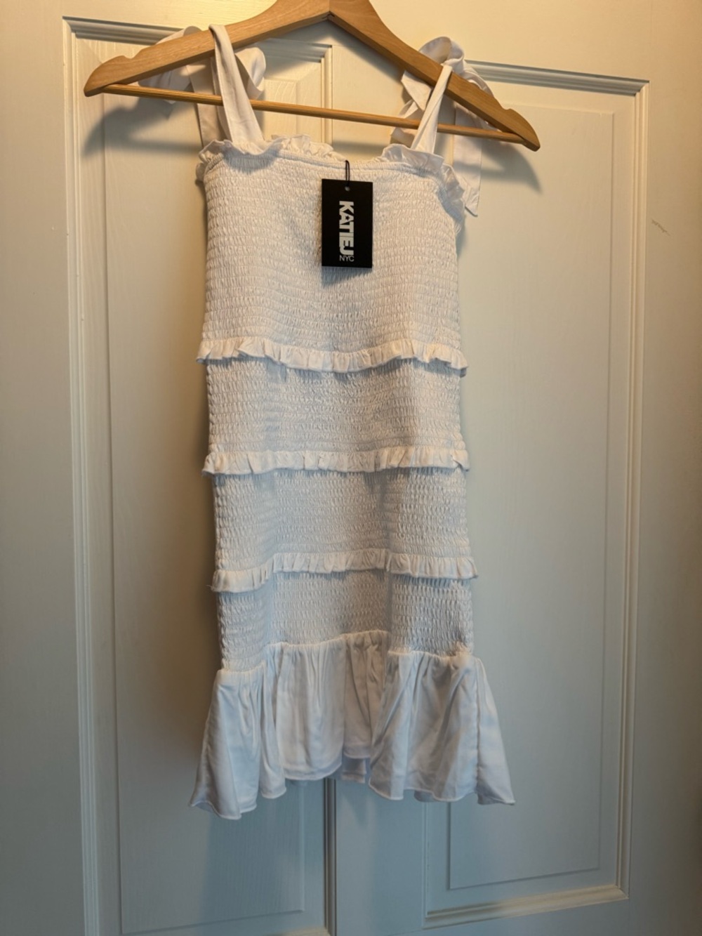 Katie J NYC White Smocked Ruffle Tiered Dress